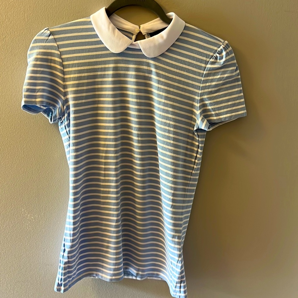 Baby blue and white striped Hallhuber blouse with white collar (size XS)